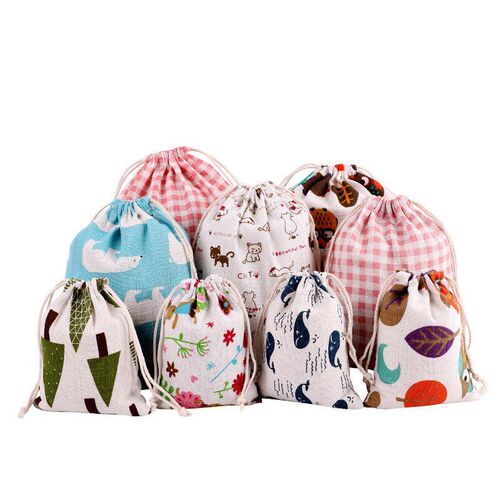 5pcs Snacks Storage Cotton Linen Fabric Pouch Drawstring Bag
