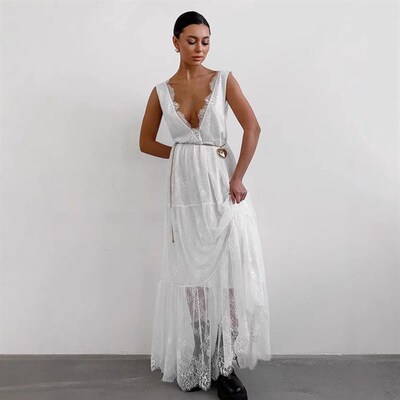 Sexy Black Lace Dress Womens Fashion Ins Backless V-neck A-