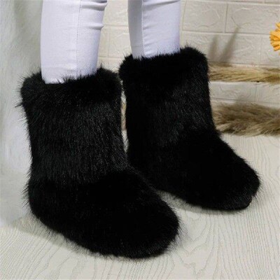 Women Furry Boots Fuzzy Fluffy Faux Fur Boots Round Toe