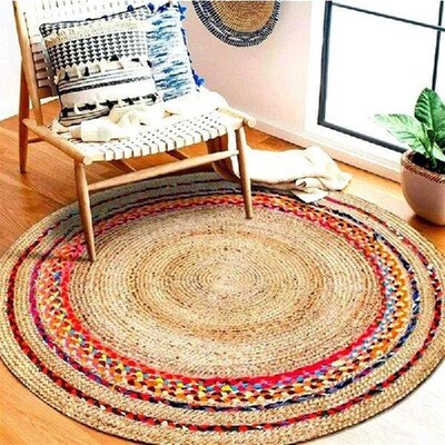 Round Rug Cotton Jute Mix Carpet Modern Rustic Look