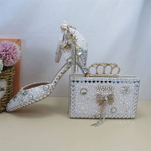 White Pearl Wedding Shoes and Bag Sandals Woman Thin Heel