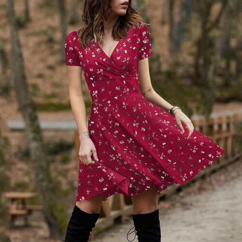 Casual Short Sleeve Party Dress Retro Robe Women V-Neck
