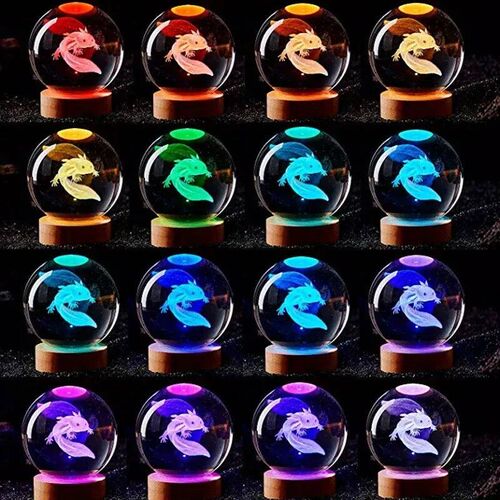 3D Axolotl Laser Engraved Crystal Ball Coloured Night Light,
