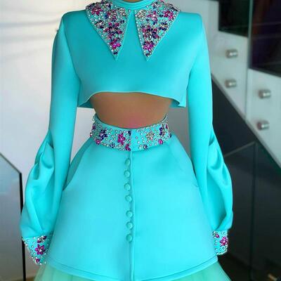 Elegant Two Pieces Prom Party Dresses Crystals   Long Puffy