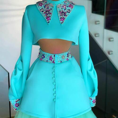 Elegant Two Pieces Prom Party Dresses Crystals   Long Puffy
