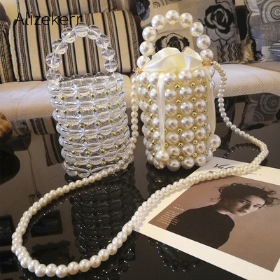 Big Pearl Bucket Bag Women Chic Handmade Clear Beading Eveni