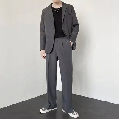 Mens Straight Baggy Casual Pants Korean Slit Personality Su
