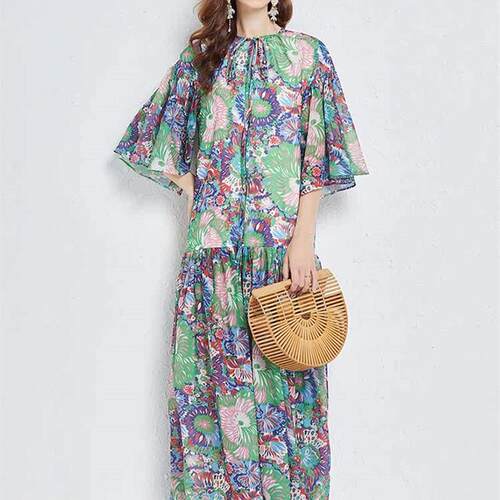 2022 Summer Runway Bohemain Beach Long Dress Womens Bow Tie