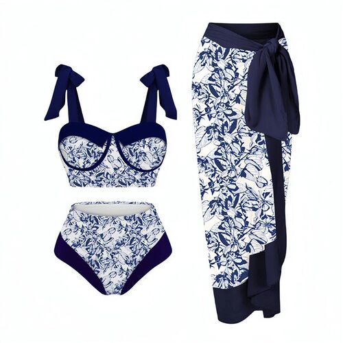 Digital Print Conservative Bikini 3Piece Mesh Long Dress Swi