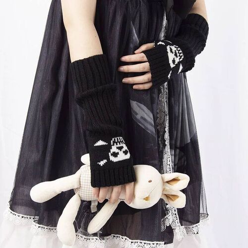Black Women Gothic Gloves Winter Wrist Arm Warmer Skull Knit