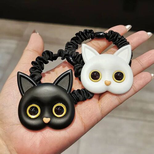 Simple Cute Black And White Kitten Hair Rope Big Eyes Cat Ha