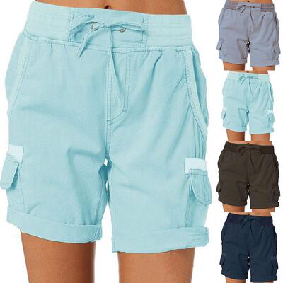 Women+Shorts+Cargo+Short+Pants+Cotton+Linen+Pants+Pocket+Ela