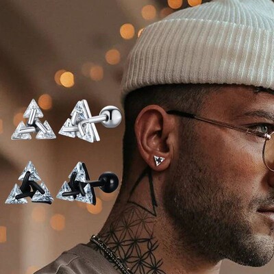 Men Stud Earring ,Triangle Pierced Crystal Zircon Stud Earri