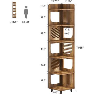 6-Tier Tall Corner Shelf, 71-Inch Rustic Narrow Corner Books