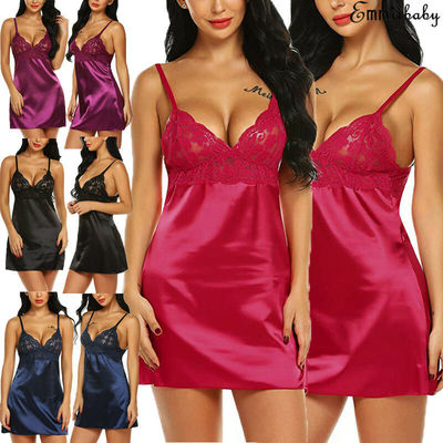 Womens Night Short Dress Nightgown Satin Silk Lace Lingerie