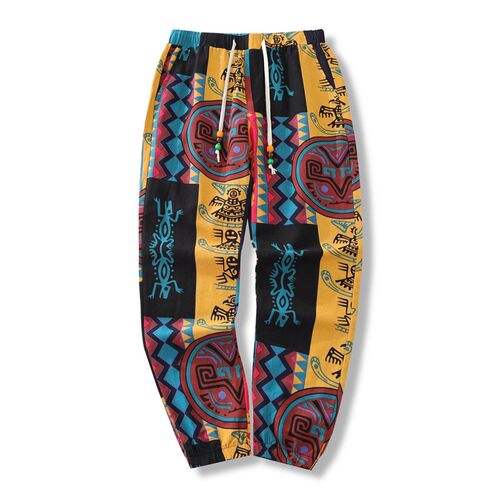 Mens Boho Tribal Print Sretch Linen Pnats Cotton Blend Draws