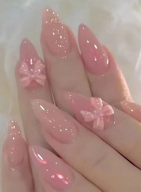 24Pcs Peach Blossom Fake Nails Press on Almond False Nails R