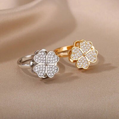 Zircon Rotatable Four Leaf Clover Anxiety Rings For Women St