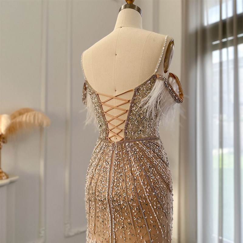 Sharon Said Luxury Feathers White Nude Prom Evening Dresses图片