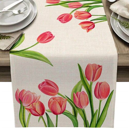 Spring Blue Tulip Flower Linen Table Runner Wedding Decorati