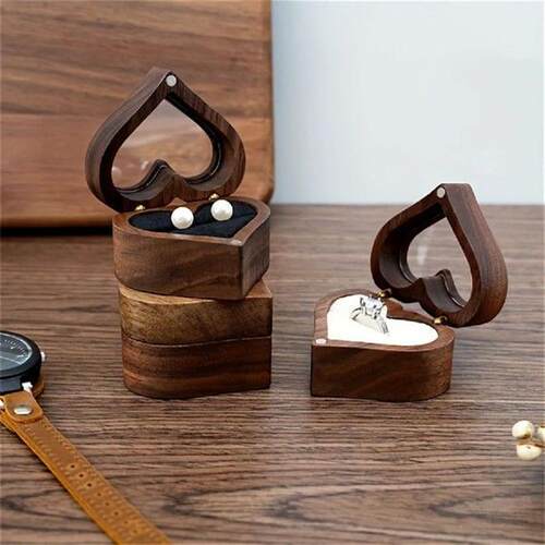 Heart Walnut Wood Ring Box Proposal Engagement Ring Holder