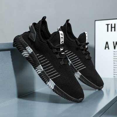 Mens Shoes Elastic Fly Woven Breathable Black Mesh Casual S