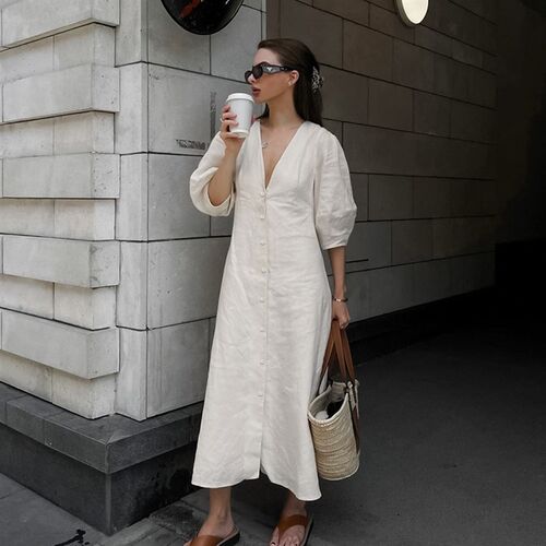 2025 French Chic Beige CottonLinen Dress w Puff Sleeves Open