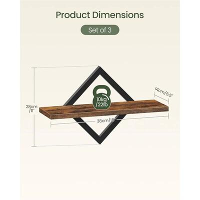 Set of 3 Floating Wall Mounted Storage Shelves Rustic Brown