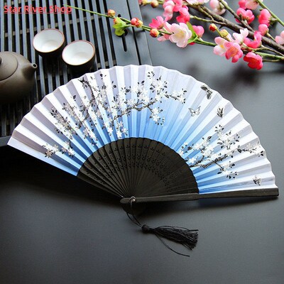 Chinese Japanese Folding Fan Wooden Shank Classical Dance Fa