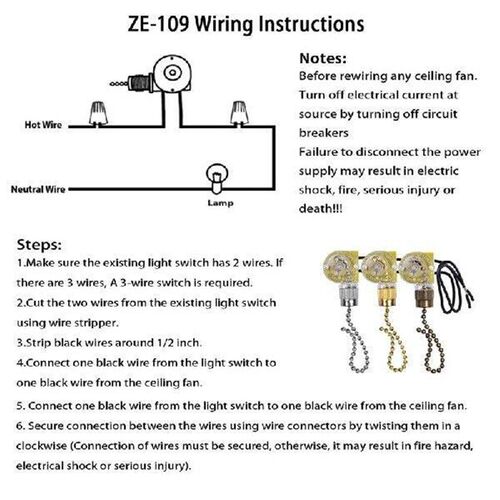 New Ceiling Fan Light Switch Zing Ear ZE-109 Two-Wire Light