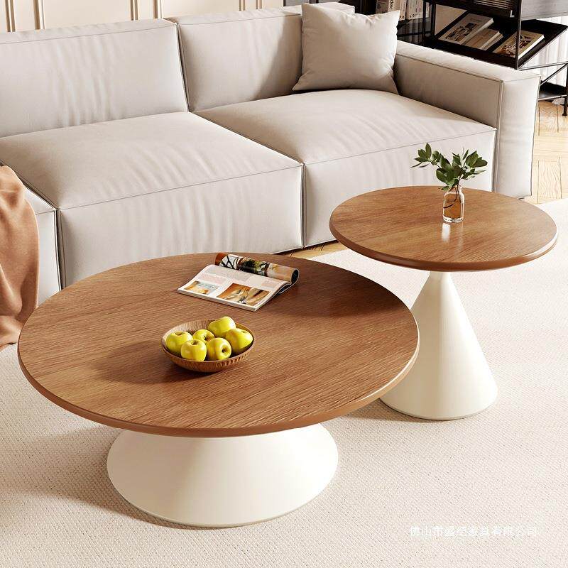 2025新款奶油风家用客厅小户型圆形实木茶几组合沙发边几床头柜子