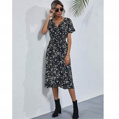 Womens waist cinched short sleeved printed dress