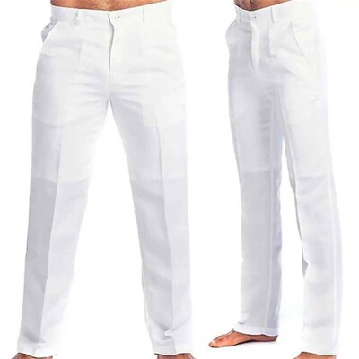 2023 Mens Stand Pocket Casual Linen Pants Solid White Gray