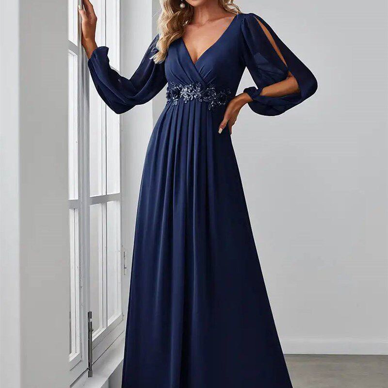 Elegant Evening Dresses Long A-LINE Long Sleeves V-neck Floo图片