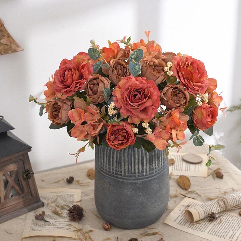 Artificial Flowers Retro Silk Rose Bouquet Hydrangea Peony V图片