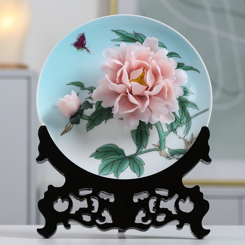 牡丹瓷盘摆件结婚乔迁开业送礼品家居客厅洛阳挂盘玄关陶瓷工艺品,家居饰品,桌面摆件,淘宝优惠券,粉丝福利购,淘宝优惠卷