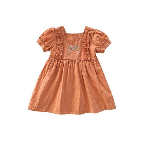 Childrens Wear Square Collar Bow Embroidered Girls Dress S