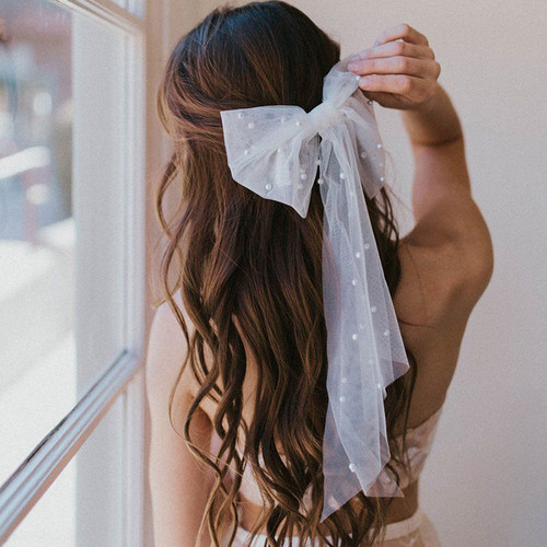 New Long Ribbon Mesh Bow Hair Clips Elegant Imitation Pearls