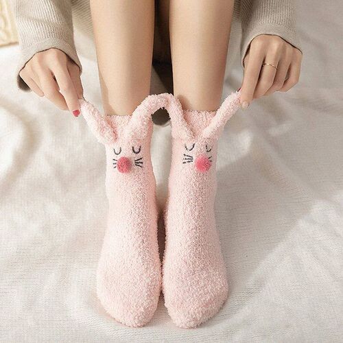 Women Winter Fuzzy Slipper Socks Cartoon 3D Rabbit Ears Warm