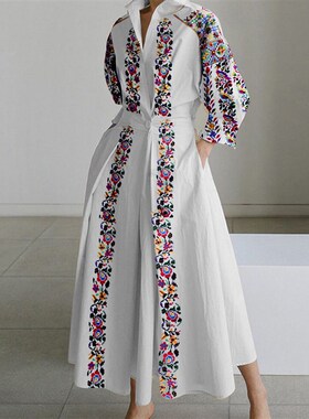 Elegant Ethnic Style Long Shirt Dress Lapel Flower Print