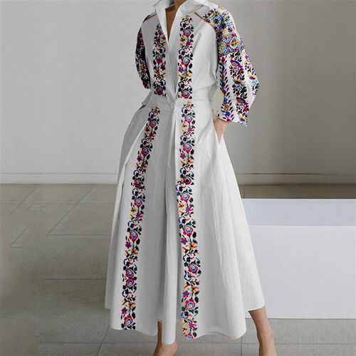 Elegant Ethnic Style Long Shirt Dress Lapel Flower Print