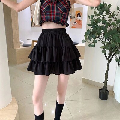 Pleated A-Line Skirt Women White Ruffle Sweet Tierred Pretty