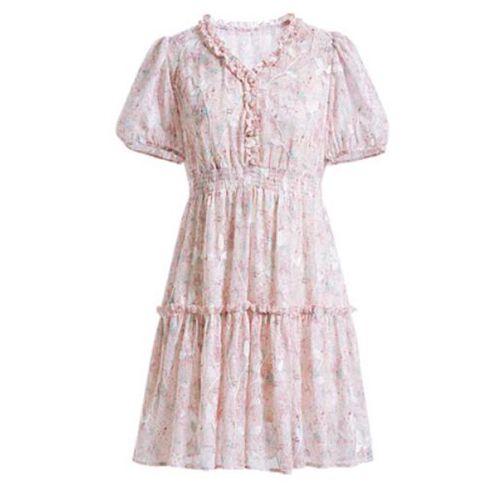 Amoi commuting ladies embroidered puff sleeve V-neck chiffon