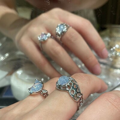Ins Style Moonstone Inlay Ring Romantic Angel Demon Couple R