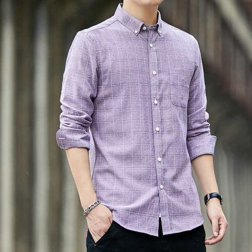 New Mens Long-sleeved Shirt Mens Plaid Striped Oxford Text