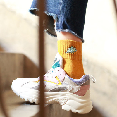 Cute Women Embroidery Dinosaur Cotton Socks white Lovely Car