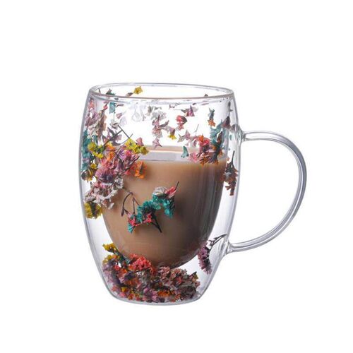 Creative Double Wall Glass Cup Real Flower Conch Flash Fille