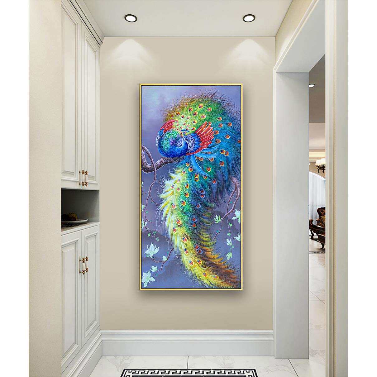 新中式手绘孔雀油画玄关装饰画客厅挂画美式过道竖版高端入户壁画