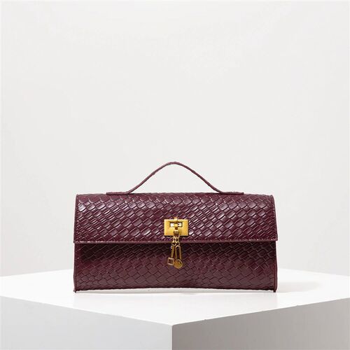 Vintage Faux Leather Woven Baguette Bag, Flap Women Clutch,