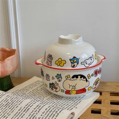 韩式可爱卡通泡面碗带盖大容量学生宿舍少女心耳陶瓷碗早餐汤碗